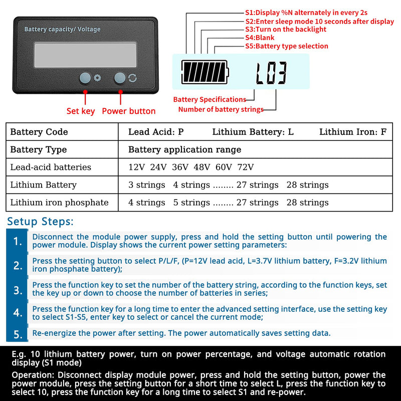 [Australia - AusPower] - VooGenzek Battery Capacity Voltmeter Monitor, Universal Lead Acid Lithium Battery Status Display Tester Voltmeter Monitor, LCD Display, DC 12V - 72V Battery Meter (White Light) White 2 Knöpfe 