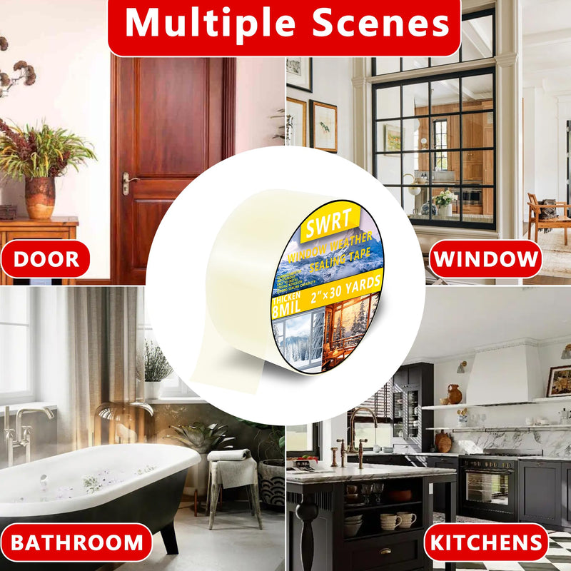 [Australia - AusPower] - SWRT 2”x 30 YD 8 Mil Heavy Duty Transparent Window Weather Sealing Tape, No Residue Window Insulation for Winter, Preventing Cold Air Loss in Summer Door and Window Seal Kit 