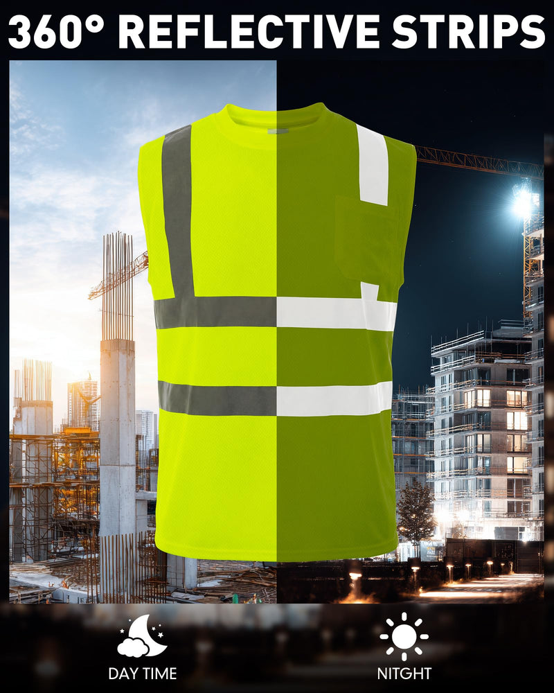 3 Pcs Safety Reflective Sleeveless Shirts Men High Visibility Tank Top Hi Vis Construction Work Shirts with Pocket Yellow Large