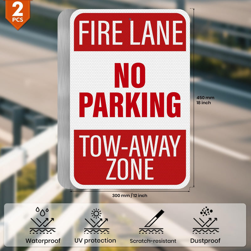 2 Pack No Parking Fire Lane Tow-Away Zone Sign 18 × 12 Inches High Reflective Weatherproof Aluminum Metal Safety Signage with Pre-Drilled Holes for Streets Roads Garages
