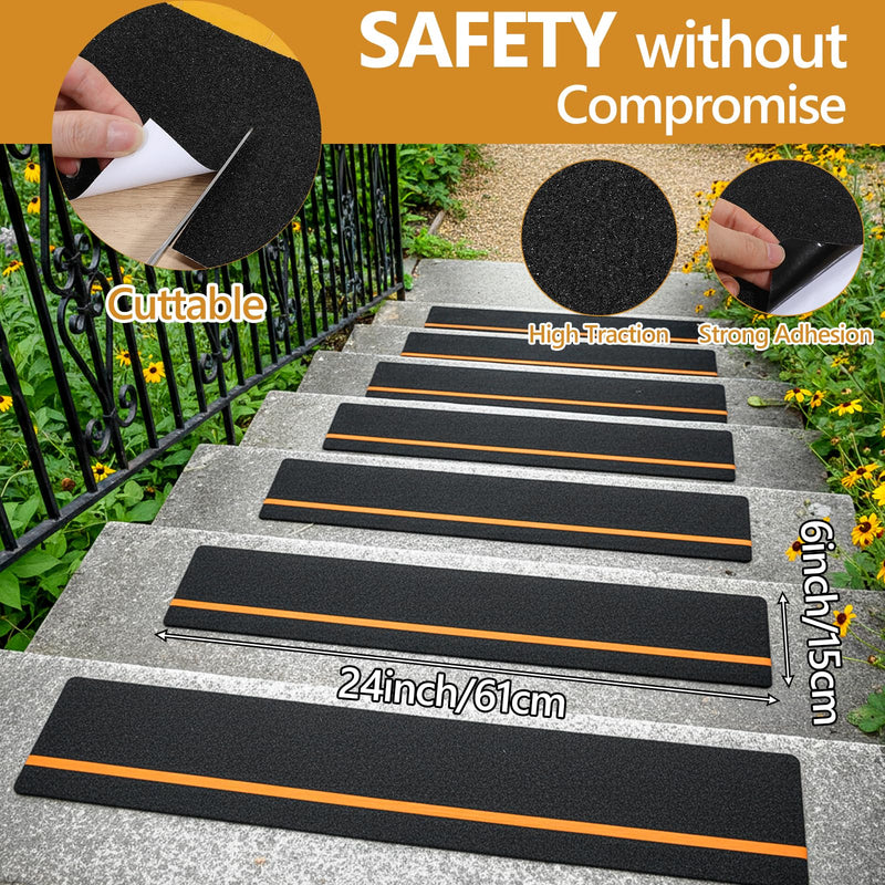 12 Pack Anti Slip Stair Tread with Reflective Stripe, 6" x 24" Black Grip Tape for Stairs, Outdoor Non Skid Tapes, Anti-Skid Tape, High Traction Friction Abrasive Adhesive for Stairs Step