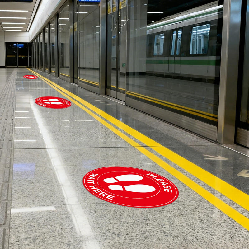 20 Pack Please Wait Here Sign 10 Inch Self Adhesive Waterproof Vinyl Wait Here Floor Stickers for Office Warehouse Classroom Clinic Indoor Outdoor
