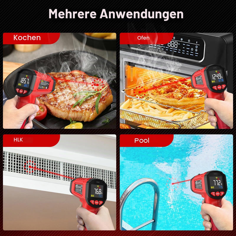 Infrared Thermometer, SQECH Temperature Meter -50℃~600℃(-58℉~1112℉) | With adjustable emissivity and colored backlight, for cooking, pizza oven, refrigerator, industrial (red) Red (-50°C ~ 600°C)