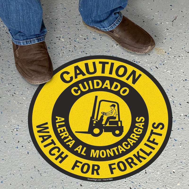 SmartSign “Caution - Watch for Forklifts” Bilingual Anti Slip Adhesive Reflective Floor Sign | 17" x 17" 17" x 17" Reflective
