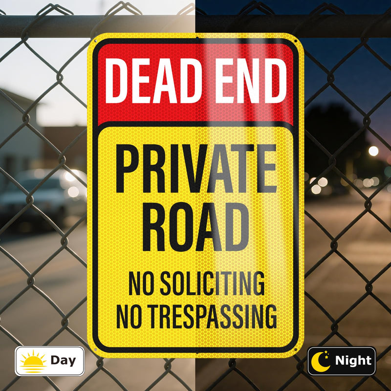 2 Pack Dead End Private Road No Trespassing No Soliciting Sign Reflective Aluminum 18 × 12 Inches Rust Free Metal Dead End Sign for Property House Outdoor