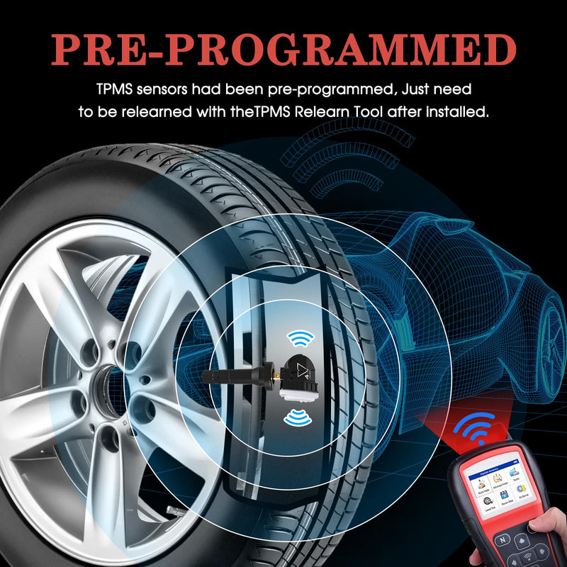 TPMS Sensor Compatible with Chevy/Buick/Cadillac/GMC Acadia Sierra 2016-2019, 433MHz Pre-Programmed Tire Pressure Sensors, Replace 13598773 3516165 13506028 13594222 4 Pack