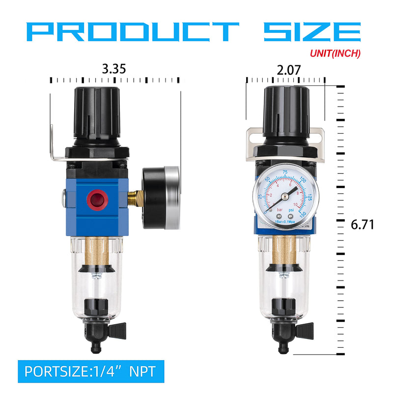[Australia - AusPower] - NANPU 1/4" NPT Compressed Air Filter Regulator Combo Piggyback, 5 Micron Brass Element, Poly Bowl, Manual Drain, Metal Bracket, 0-150 psi Gauge - AW2000-02M 