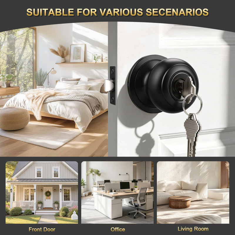 2 Pack Keyed Entry Door Knob, Entrance Door Lock, Keyed Different, Flat Ball, Matte Black Interior and Exterior Entry Door Knobs 2