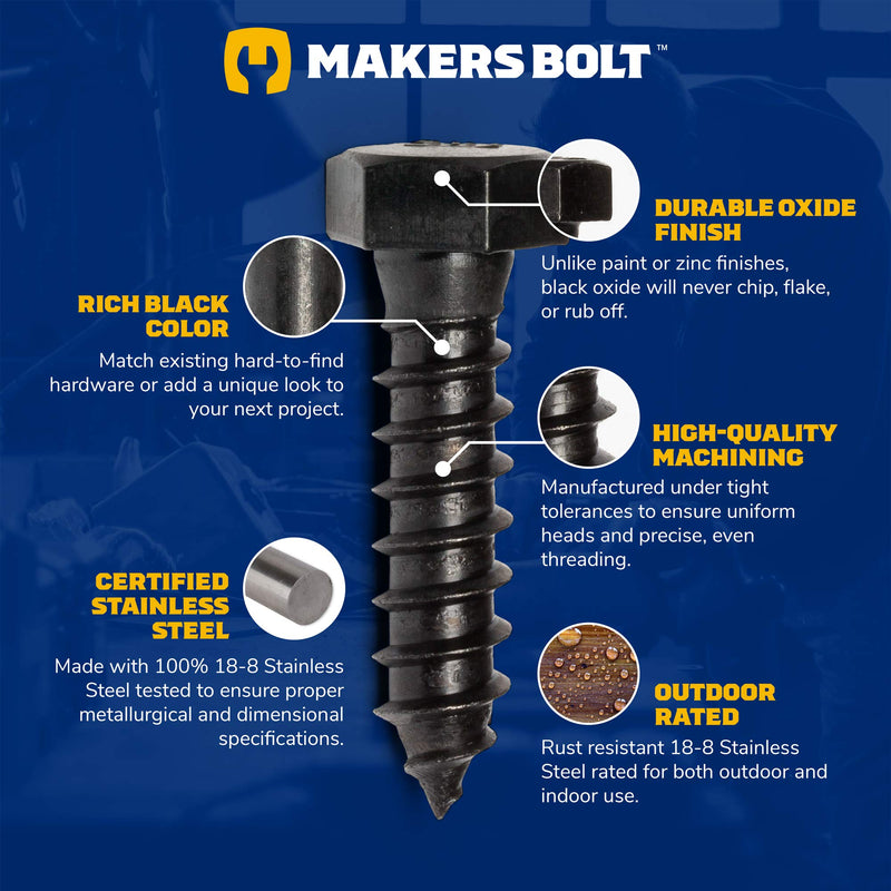 [Australia - AusPower] - 3/8" x 1-1/2" Stainless Steel Hex Lag Bolts (10 pcs) Black Oxidized in USA by Makers Bolt 3/8 x 1-1/2 (10 pcs) 