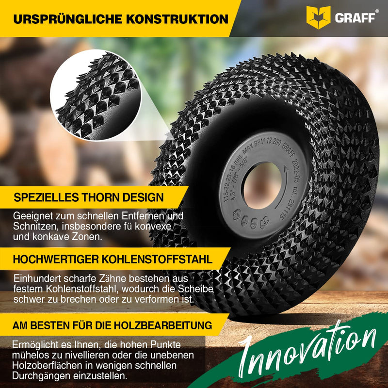 GRAFF Premium Wood Cutter Rasp Disc 115 mm for Carving and Sanding Wood, Softwood, Hardwood - Wood Grinder for Angle Grinder & Flex - Sanding Disc for Woodworking Tools Diameter 115 mm curved rasp disc