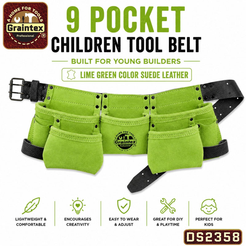 Graintex DS2358 :: 9 Pocket Children Tool Belt Lime Green Color Suede Leather, Kids Real Tool Belt, Boys and Girls Tool Apron for Home Improvement, 1.1/2" Leather Belt, Hammer Loops 9 Pockets