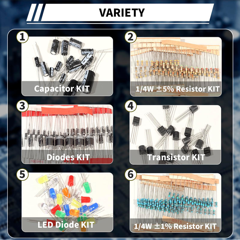 1910Pcs Electronic Component Kit Resistor Electrolytic Capacitor Schottky Diodes LED Diode Transistor Electronics Components Assortment for DIY Project