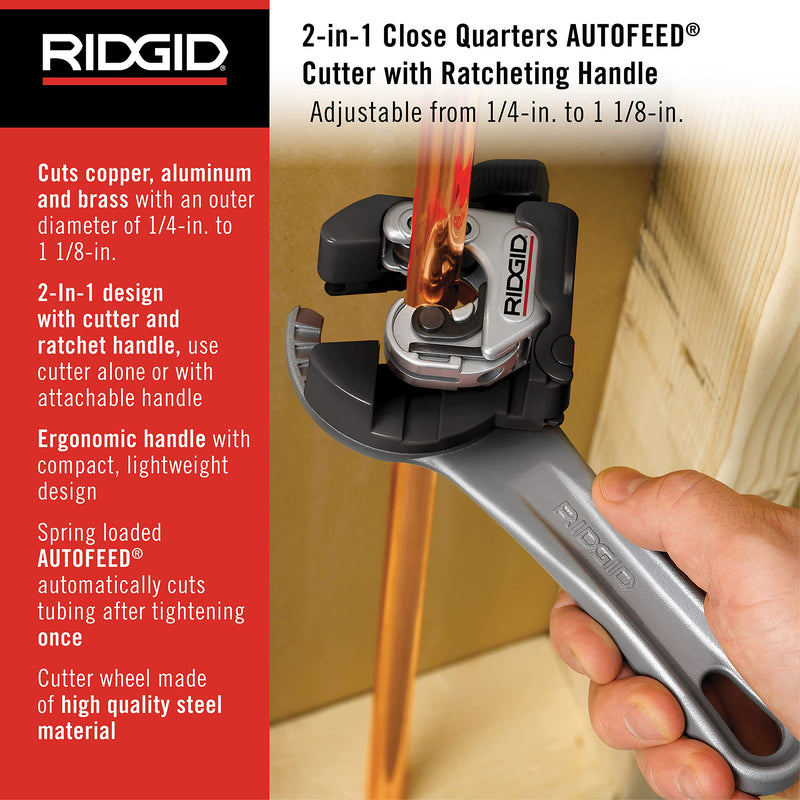 RIDGID 32573 Model 118 2-in-1 Close Quarters Tubing Cutter for 1/4" to 1-1/8" Copper, Brass, and Aluminum Tubing, Compact tubing cutter with AUTOFEED 13 x 6.75 x 2 inches Pliers