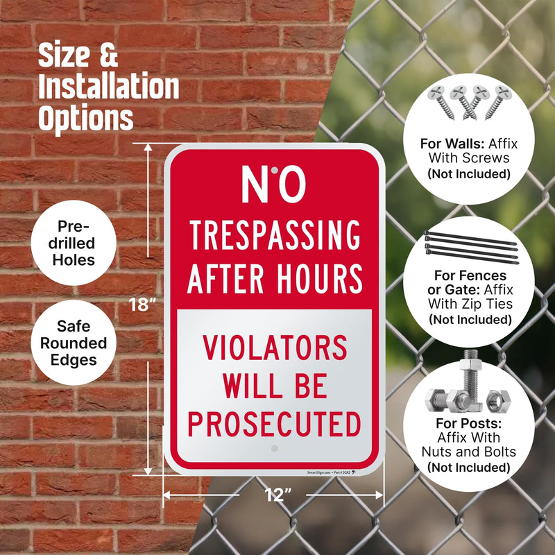 SmartSign No Trespassing After Hours Violators Prosecuted Sign - 2-Pack, 12" x 18", 80 mil Thick Aluminum Composite (ACM), Pre-Drilled Holes, Red and White, Made in USA 12" x 18" - AL ACM (Pack of 2)
