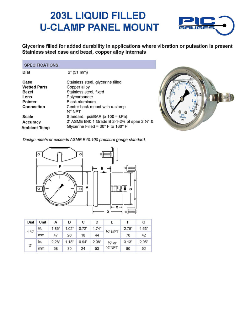 [Australia - AusPower] - PIC Gauges 203L-204F U-Clamp Panel Mount Glycerine Filled Pressure Gauge w/ SS Case/Bezel, Brass Internals, PC Lens, 2" Dial, 0/160 psi Range, 1/4" Male NPT 0 - 160 PSI 