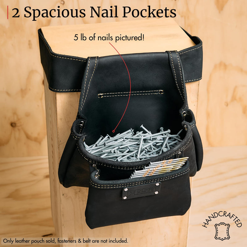 FESA 2 Pocket Nail Pouch for Tool Belts - Leather Screw Pouch with 2 Extra Large Pockets for Fasteners - Heavy Duty Rivets & Stitching - Fits Tool Belts up to 3" - Handcrafted Black