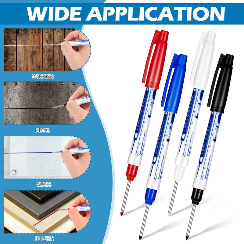 Gersoniel 4 Pcs Long Nib Marker 30 mm Deep Reach Markers Long Nose Waterproof Deep Hole Marker Carpenter Ink Reach Permanent Pens for Men Father Day Gift Carpenters Construction Builders 4 Colors
