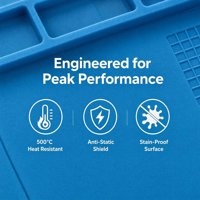 Silicone soldering mat 45 x 30 cm for electronics repair and soldering | 500°C heat-resistant antistatic silicone soldering mat with magnet & compartments for mobile phone, laptop, tablet repair, DIY model making