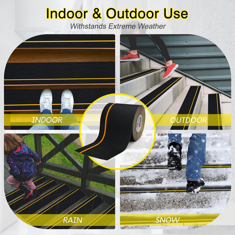 S&X Heavy Duty Anti Slip Tape 6 Inch x 60 Ft, 2X Longer Enhanced Adhesive Grip Tape with Reflective Strip, Outdoor Stair Treads Non-Slip for Steps Ramps Boats Decks Long-Lasting 6" X 60' Black/Reflective