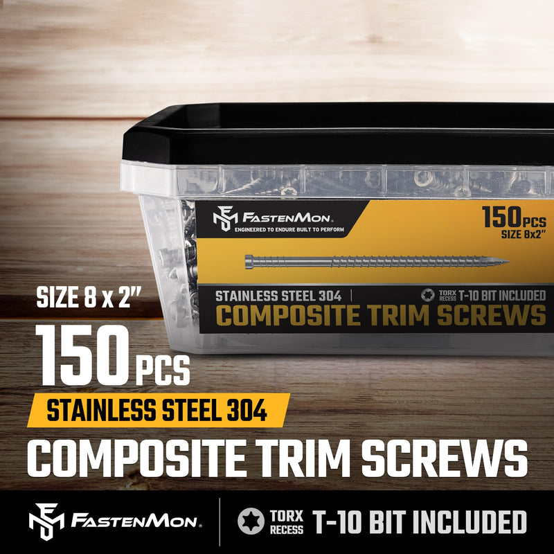 Composite Trim Screws, #8 x 2, Stainless Steel 304, 150pcs, Hidden Fastener for PVC & Wood, Outdoor Deck, Exterior & Finish Fasteners, Rust-Resistant, T-10 Star Drive, 0.9lbs #8 x 2" 150