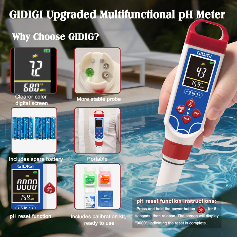 5 in 1 Digital pH Meter TDS EC Temp. Salinity Tester, Update Color Screen Pool Salinity Meter with Calibration Kit, Hydroponic pH Reader with Reset Function for Aquarium Reef Tank Cooking water