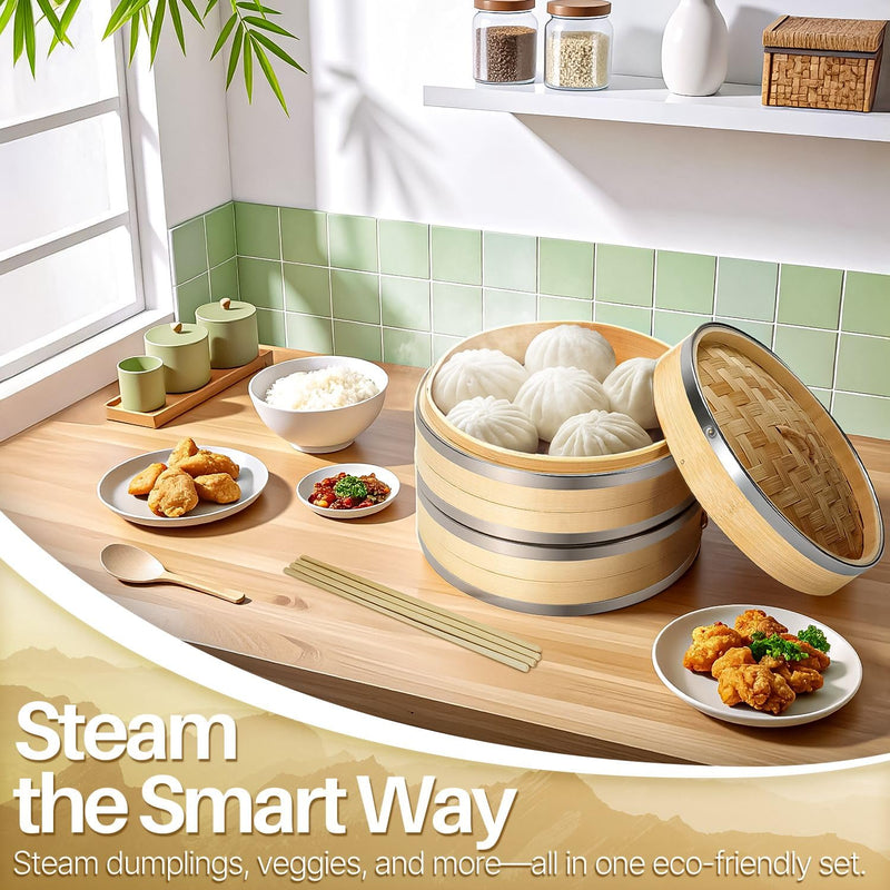 Flexzion Bamboo Steamer Basket Set (8 inch) with Stainless Steel Banding, 50 x Steamer Liners and 2 Pairs of Chopsticks, Steam Baskets for DimSum Dumplings, Rice, Vegetables, Fish and Meat