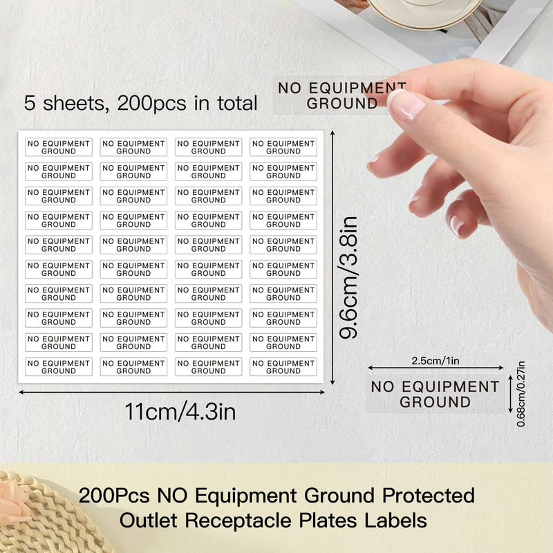 200Pcs No Equipment Ground Safety Stickers, Transparent Outlet Receptacle Plates Labels, Self Adhesive Decals for Panels and Outlets,0.27"x1.0"