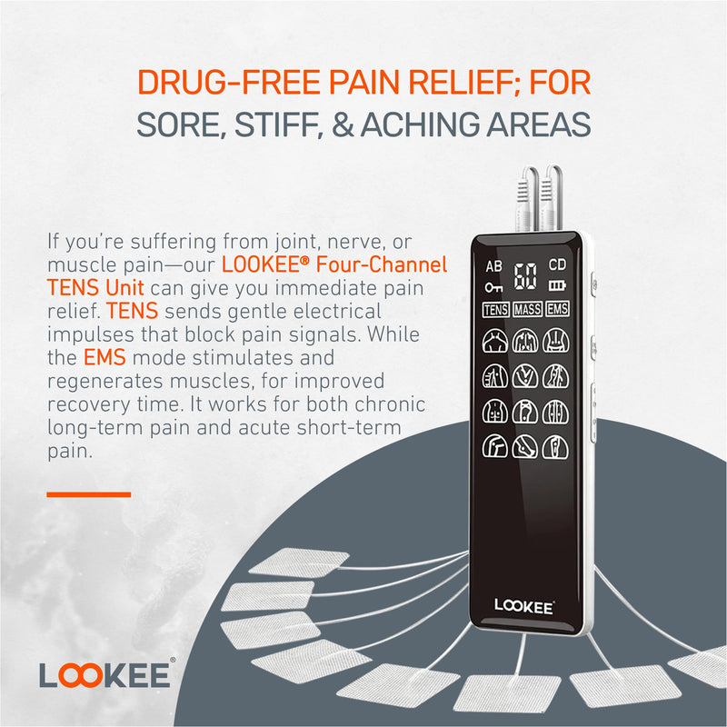 LOOKEE 4-Channel TENS Unit & EMS Muscle Stimulator – Drug-Free Pain Relief, Rechargeable TENS Machine with 36 Modes & 40 Intensity Levels for Back, Shoulder, Knee, and Nerve Pain Therapy