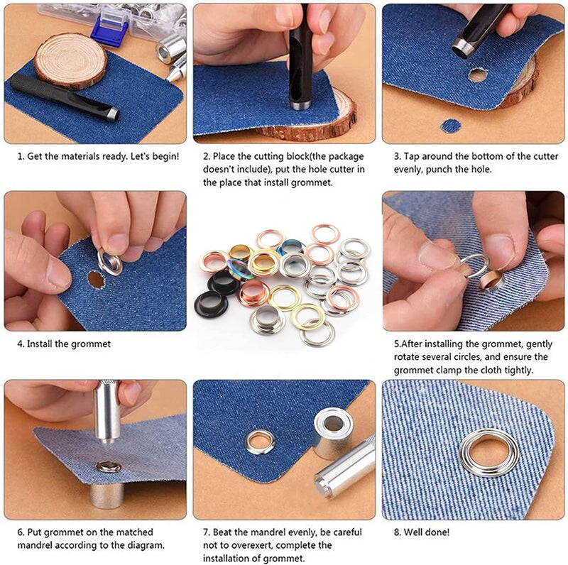 Metal Eyelets Hole Kit Metal Grommets Eyelets 200 Sets Grommet Tool Kit for Leather Clothes Belt (Rainbow 5mm) Rainbow 5mm