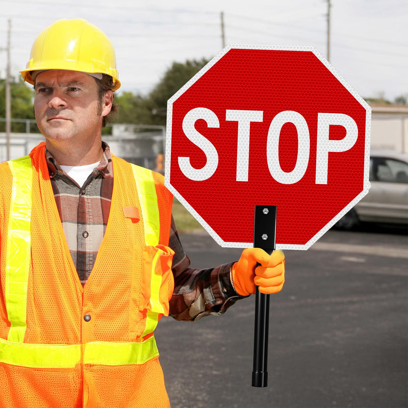 2 Pack Stop Slow Sign with Handle, 13"x13" Double Sided Stop/Slow Traffic Sign, Rust Free Reflective Aluminum, Fade & Weather Resistant, Waterproof, UV Protected, Easy to Mount and Read Red-Stop/Slow with Handle-2Pack