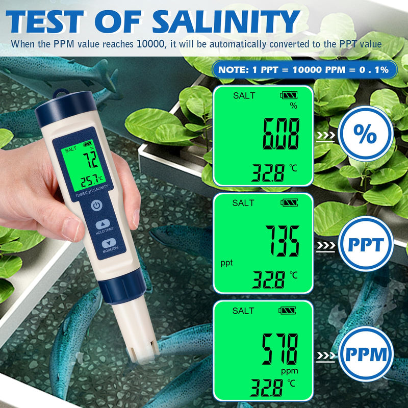 [Australia - AusPower] - 5-in-1 pH Meter with LCD Display, Precision Measurement of PH, TDS, EC, Temperature, T3 Water Quality Tester for Pool, Aquarium, Drinking Water and Hydroponics, Automatic Temperature Compensation White 