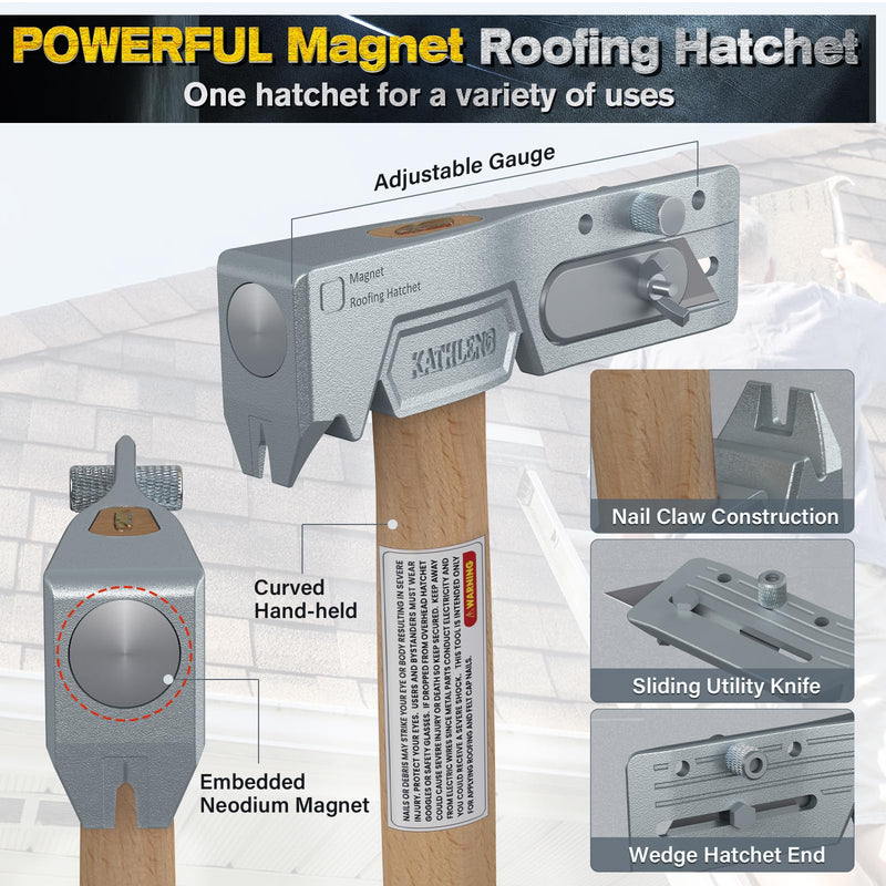 Magnet Roofing Hatchet, Magnet Hammer for Roofing Repair, Handy Magnet Roofing Hammer Tool with Strong Magnet, a Sliding Gauge, Built-in Utility Knife and Nail Claw, Efficient Roofing Tools