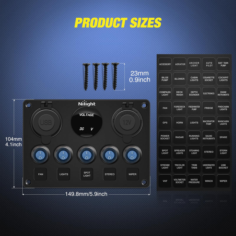 [Australia - AusPower] - Nilight 5 Gang Multi Function Waterproof Switch Panel PD Type C and USB Charger Digital Voltmeter 12V Outlet Rocker with Inline Fuse for RVs Cars Boats Trucks Trailers Waterproof Type C + USB Blue 