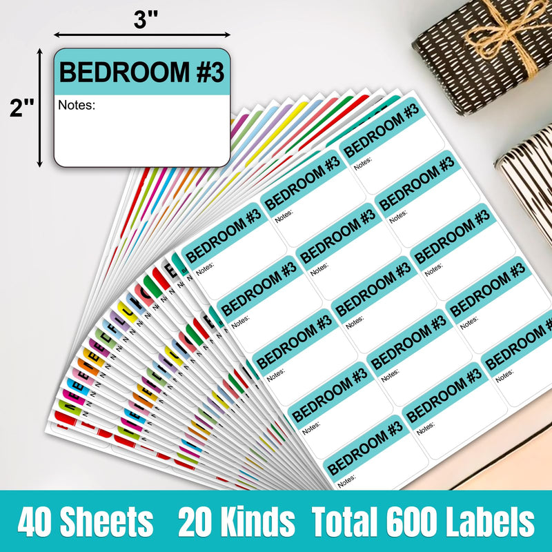 Kingtac 600 Writable Home Moving Stichers - 2' x 3', 20 Color-Coded Home Moving Packing Labels with Fragile, Extra, Heavy Options.Stick to Cardboard Boxes and Plastic Bins, No Extra Tape Needed Mov-0305-40-600pcs