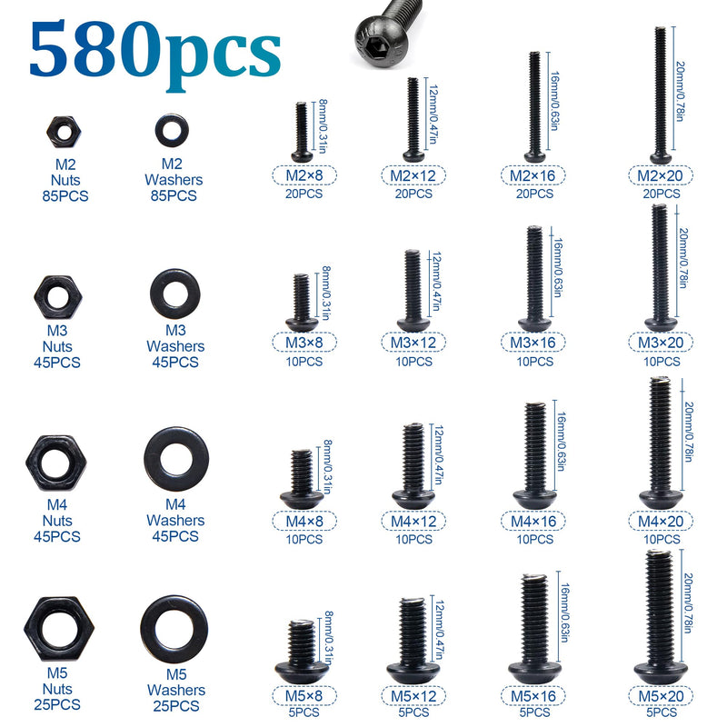 [Australia - AusPower] - NINDEJIN 580pcs M2 M3 M4 M5 Hex Socket Cap Screws Set, 8 12 16 20mm Screw Bolts and Nuts Assortment Kit, 304 Stainless Steel Metric Hex Socket Screws and Nuts and Flat Wahser Set, Fully Machine Thread 580Pcs M2-M5 8mm-20mm 
