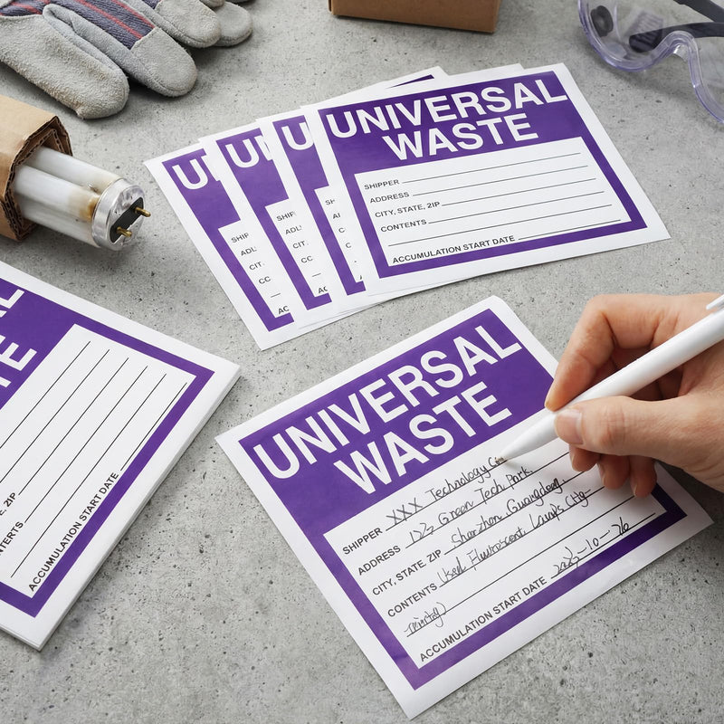50 Pcs Universal Waste Labels - 6 x 6 Inch Adhesive Coated Paper Hazardous Waste Label, Purple/Black/White 50