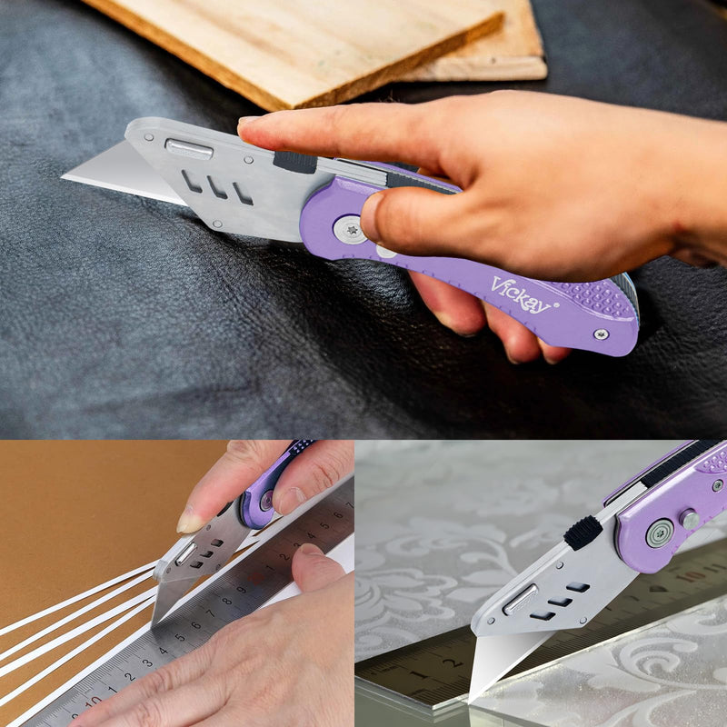 [Australia - AusPower] - Vickay Folding Utility Knife, Box Cutter with 5 SK5 Quick Change Blades, Safety Axis Lock Design Razor Knife, Lightweight Aluminum Handle Belt Clip for Office Home Artcraft （Light Purple) Light Purple 