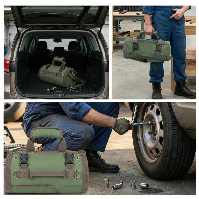 Sellign Tool Bag Roll Up，Heavy Duty Portable soft Tool Storage Organizer, Foldable Rollup with Small Pockets, Official Rollable Toolbag, Father Day Gifts for Him Dad Men Mechanic Welding(Green） Green