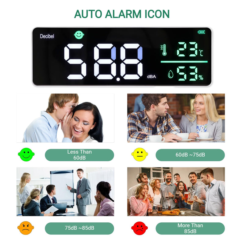 [Australia - AusPower] - Decibel Meter Wall Hanging, 11in Large LED Screen Sound Level Meter, Temperature Humidity Meter with Alarm Icons Indicator for Classroom, Home, Studio, Factory 