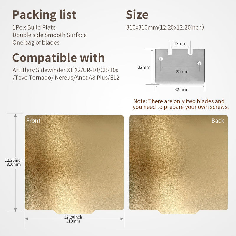 [Australia - AusPower] - 310x310mm PEI Build Plate – Double-Sided Textured Flexible Spring Steel Bed, Compatible with Qidi Plus 4, CR-10, Artillery Sidewinder X1/X2, Anet A8 Plus 3D Printers 310x310mm Double Sided PEI 
