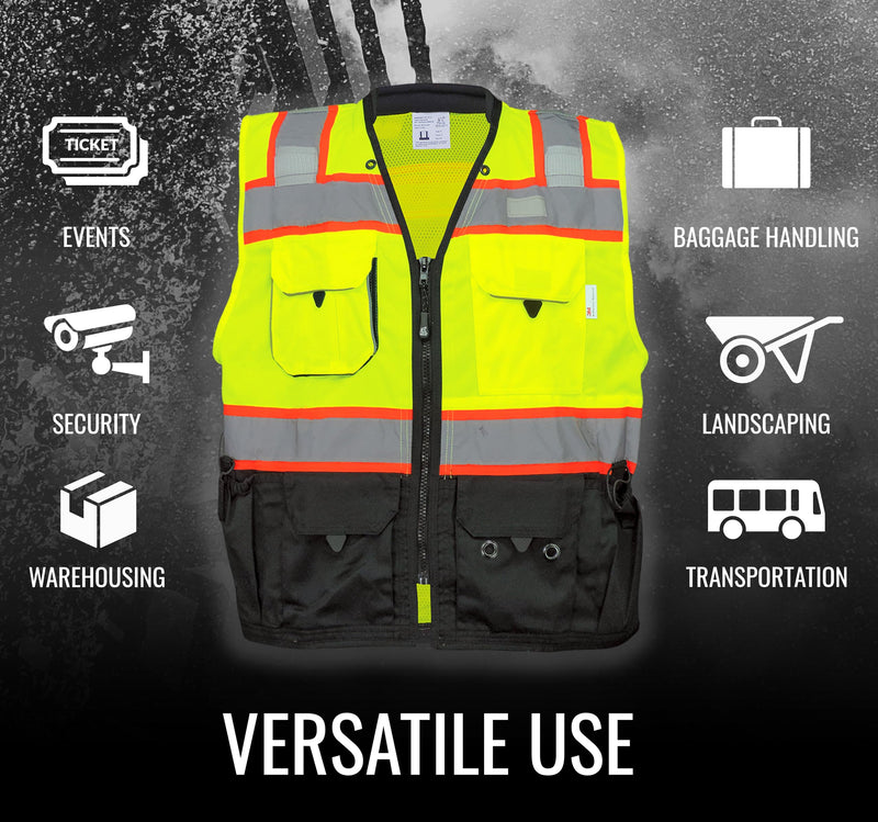 GGS High Visibility Safety Vest - Lightweight Yet Durable, Reflective Tape, 9 Pockets - Construction, Transportation, Running/Biking, Hunting, Yellow/Green & Black, XL X-Large