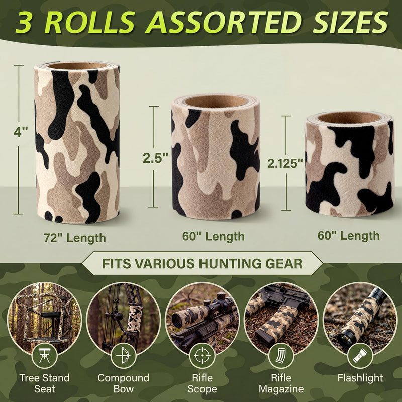 Saillong Camo Silencing Tape for Hunting Gear, Self Adhesive Camouflage Wrap, Protective Fabric Tape for Metal Rifle & Hunting Accessories, 3 Rolls Assorted Sizes (2.125" x 60", 2.5" x 60", 4" x 72")