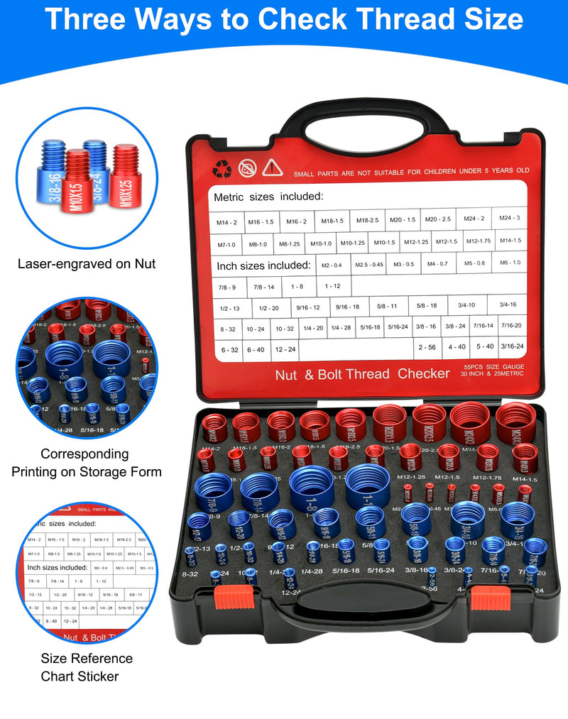 [Australia - AusPower] - 55Pcs Thread Checker, Nut and Bolt Measuring Tool(25 Metric & 30 Standard), Bolt Size and Thread Gauge Finder with Storage Box, Suitable for inspecting in Narrow and Tricky Areas 55 
