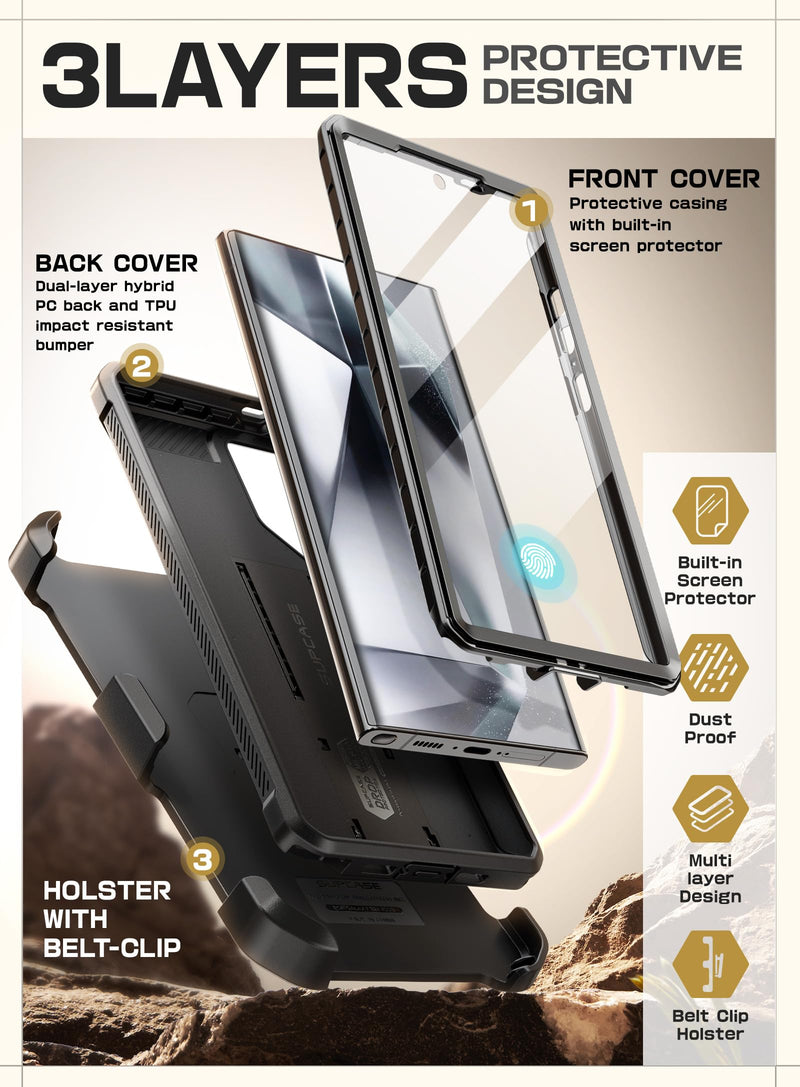 [Australia - AusPower] - SUPCASE UB Pro Case for Samsung Galaxy S24 Ultra, [2 Front Frame] [Military-Grade Protection] Heavy Duty Rugged Case with Built-in Screen Protector & Kickstand & Belt-Clip (Black) Black 