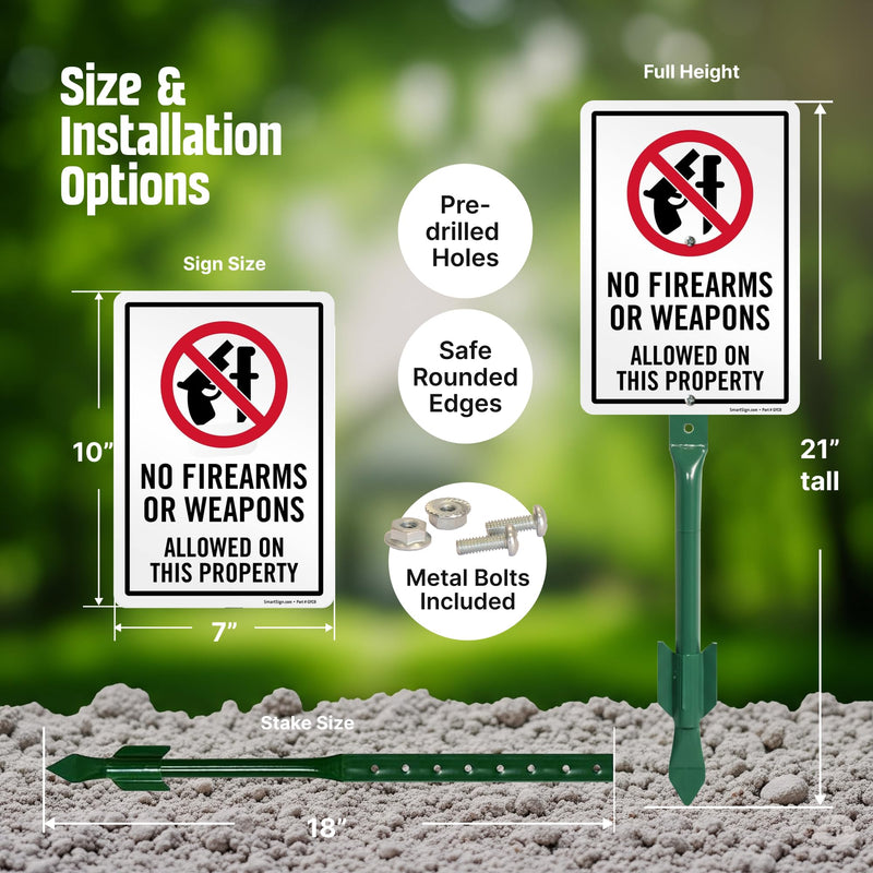 SmartSign 10 x 7 inch “No Firearms Or Weapons Allowed On This Property” LawnPuppy Yard Sign and 18 inch Stake Kit, 40 mil Laminated Rustproof Aluminum, Red, Black and White, Set of 1 7" x 10" Aluminum Sign with 18" Stake