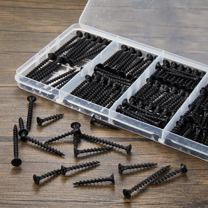 [Australia - AusPower] - #6 Black Wood Screws for Drywall, Drywall Screw Combo Kit, 166 Pieces Coarse Threaded Slate Screw Set, Phillips Groove Self-Tapping Drywall Screws 4 Sizes 1", 1-1/4", 1-5/8", 2" 