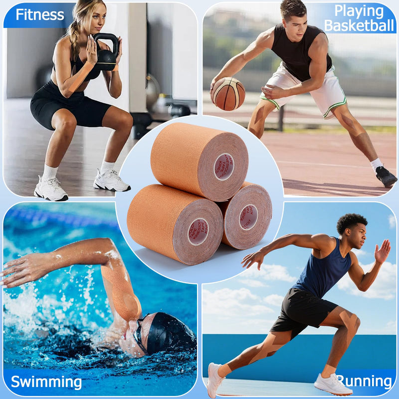 3 Pack Kinesiology Tape for Shoulder, Precision Width for Targeted Muscle Support, Waterproof Latex Free Cotton Elastic Athletic Tape for Pain Relief, Joint, Knee, Ankle - Beige 3in 5.5yd