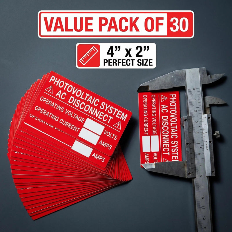30X Solar Labels Pack - Photovoltaic System AC Disconnect - Operating Current AMPS - UV Resistant Vinyl(4"X 2")