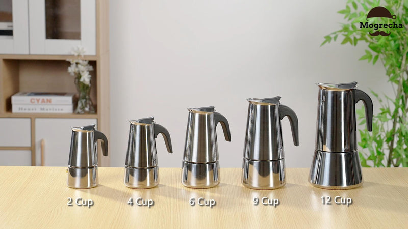 Stainless steel Mogrecha 4-cup 200ml stovetop Moka pot for espresso coffee brewing, featuring a compact, durable design.