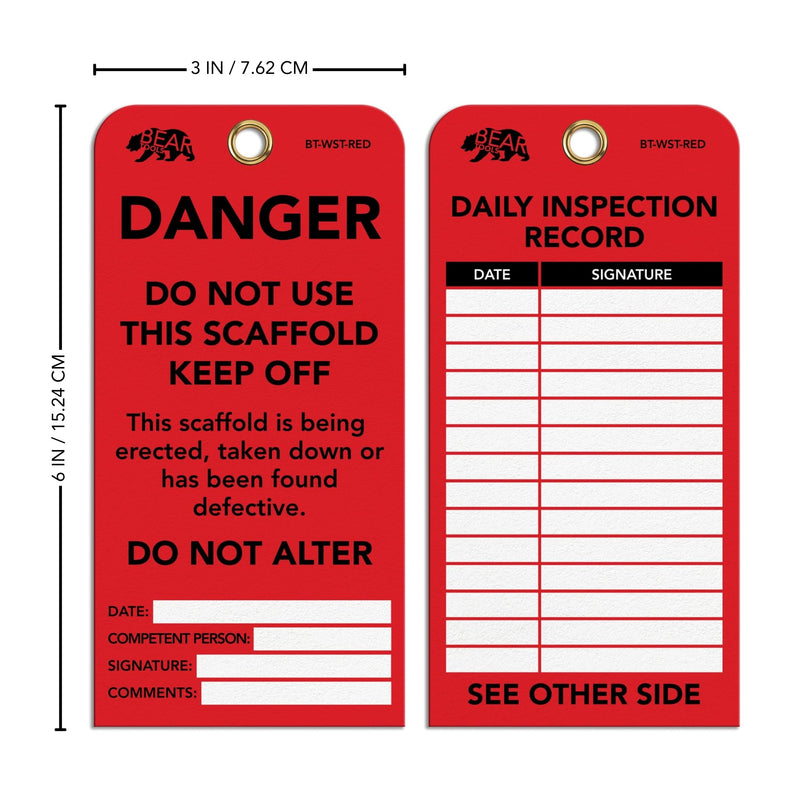BearTOOLS Scaffold Tags - Safety Inspection Kit with Cable Ties - Danger Scaffold Status Warning Sign - Laminated 3 x 6 in, Pack of 25 - Weatherproof, Tear-Resistant - Red Tags